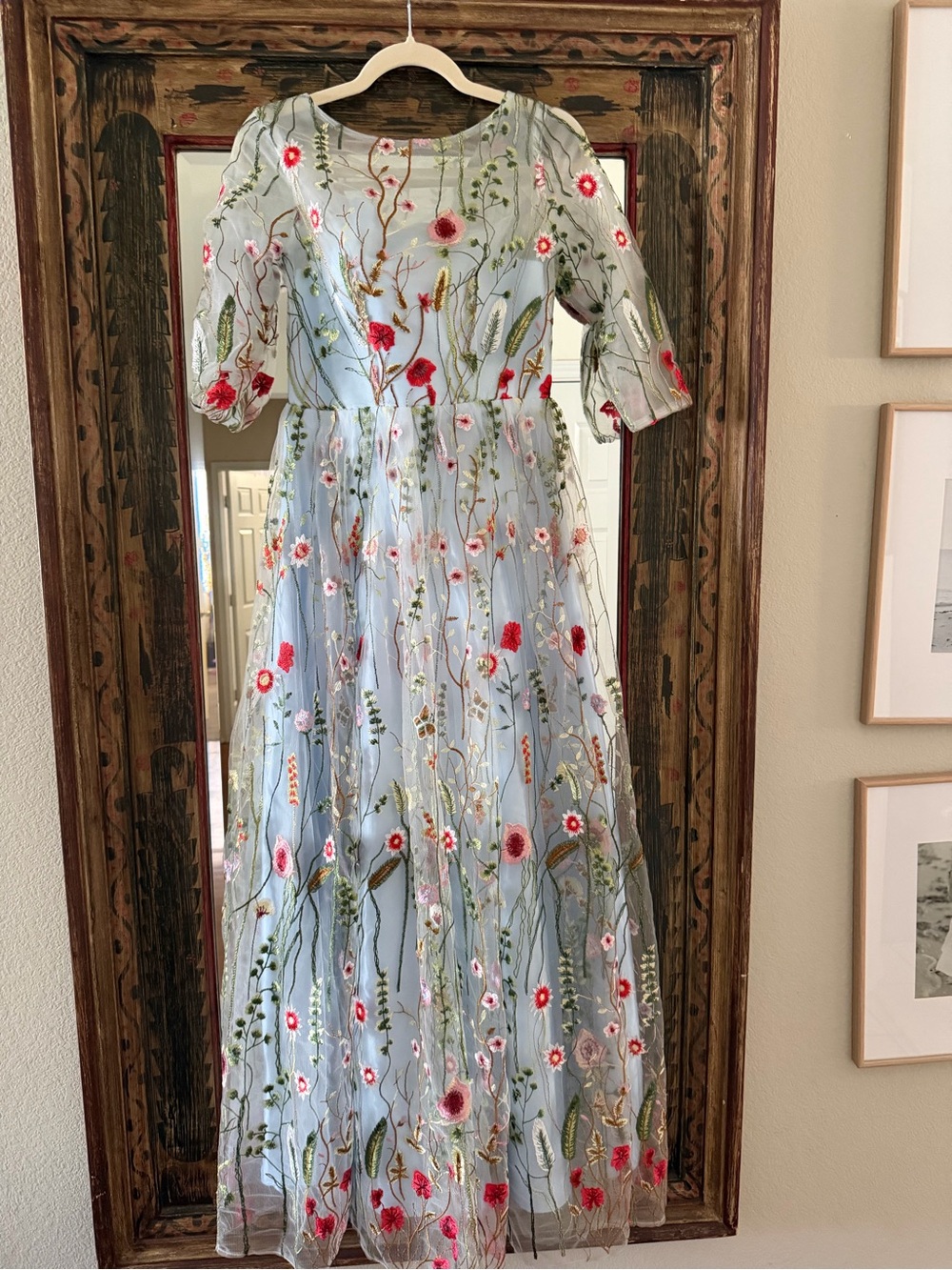 Embroidered Floral Maxi Dress - Light Blue with Red Accents - Picture 1 of 1